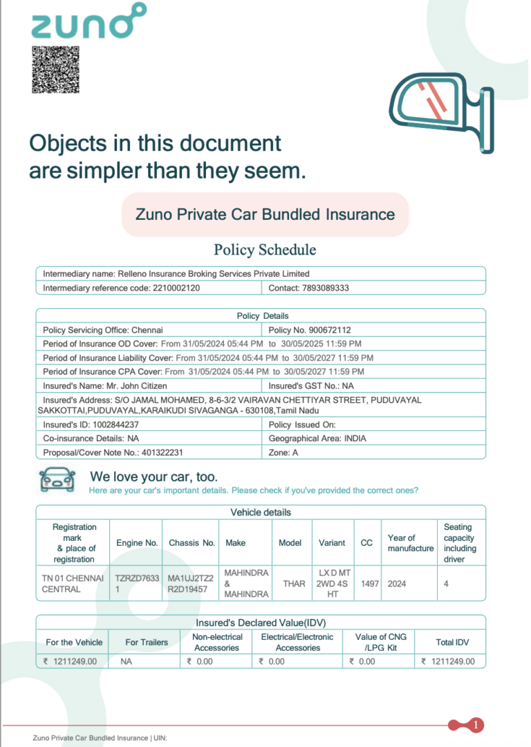 India Zuno General Insurance policy schedule Word and PDF template  