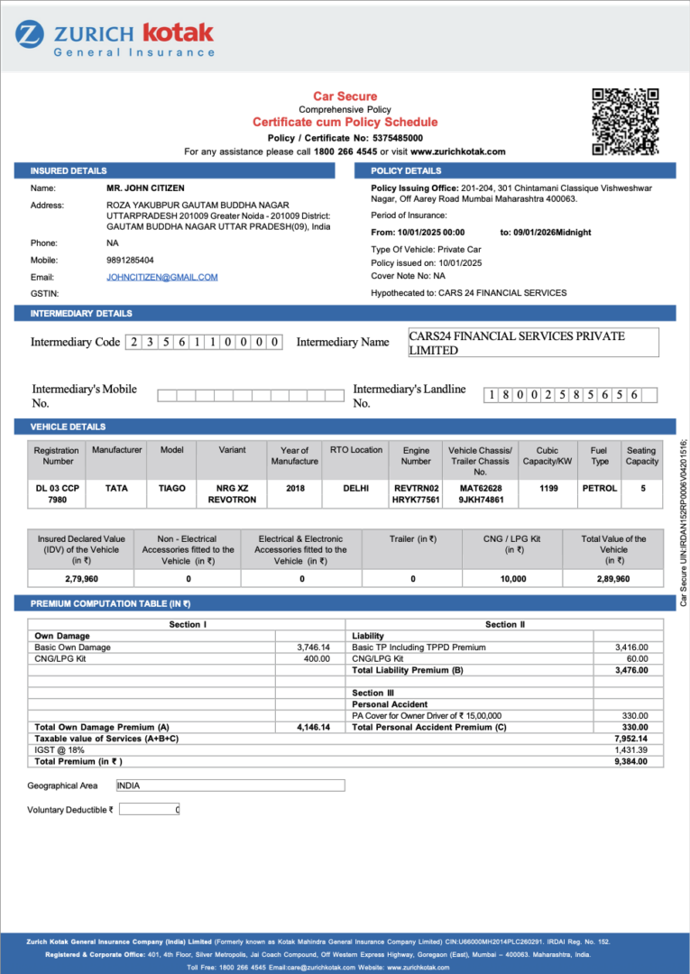 India Zurich Kotak General Insurance certificate cum policy schedule Word and PDF template