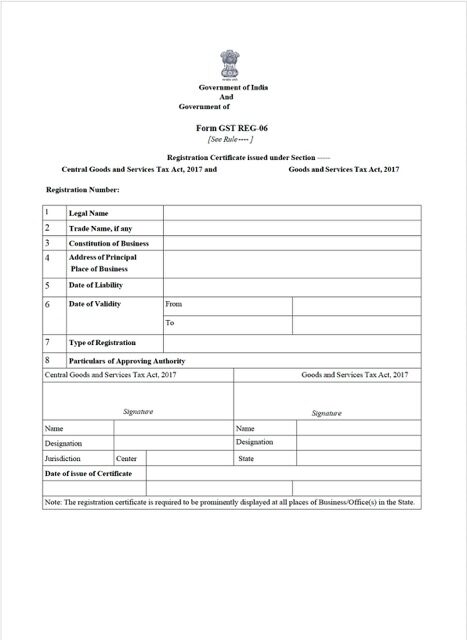 India certificate of GST registration Word and PDF template