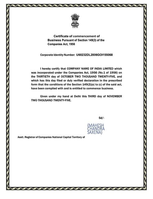India certificate of commencement Word and PDF template