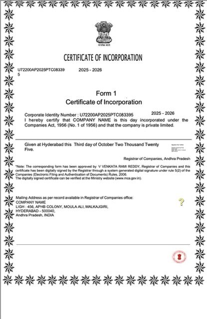 India certificate of incorporation Word and PDF template, version 2
