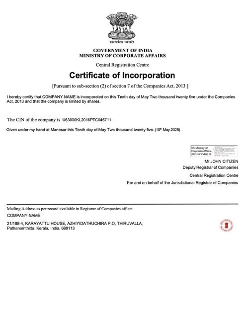 India certificate of incorporation Word and PDF template, version 3
