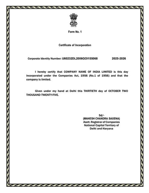 India certificate of incorporation Word and PDF template, version 5