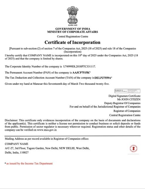 India certificate of incorporation Word and PDF template