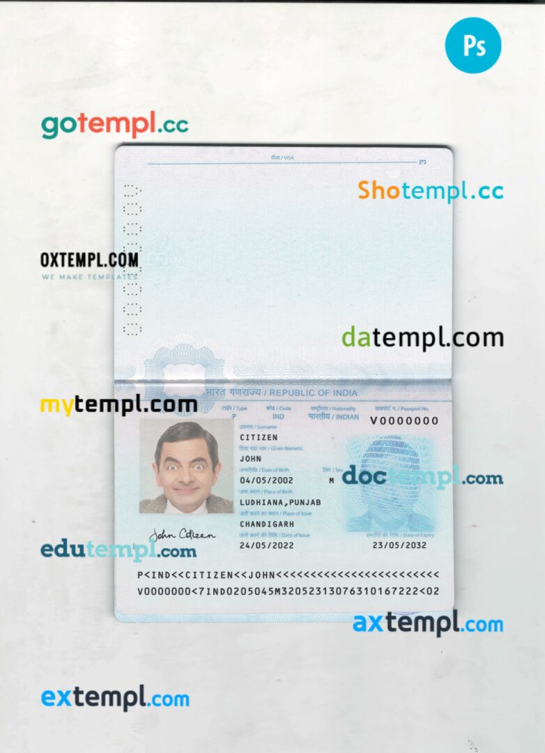 India passport editable PSD files with address page, scan and photo-realistic look, 2022-present