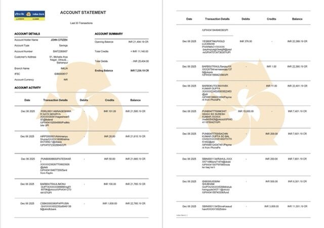 Indian Bank Allahabad account statement Word and PDF template, 2 pages