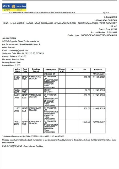 Indian Bank Allahabad statement of account Word and PDF template, version 2