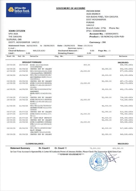 Indian Bank statement of account Word and PDF template