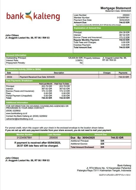 Indonesia Bank Kalteng mortgage statement Word and PDF template