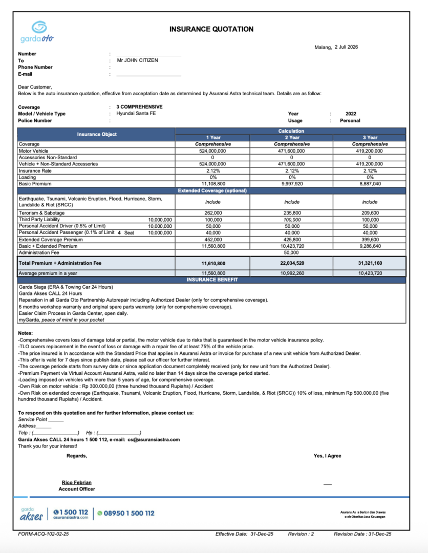 Indonesia Garda Oto insurance quotation Word and PDF template