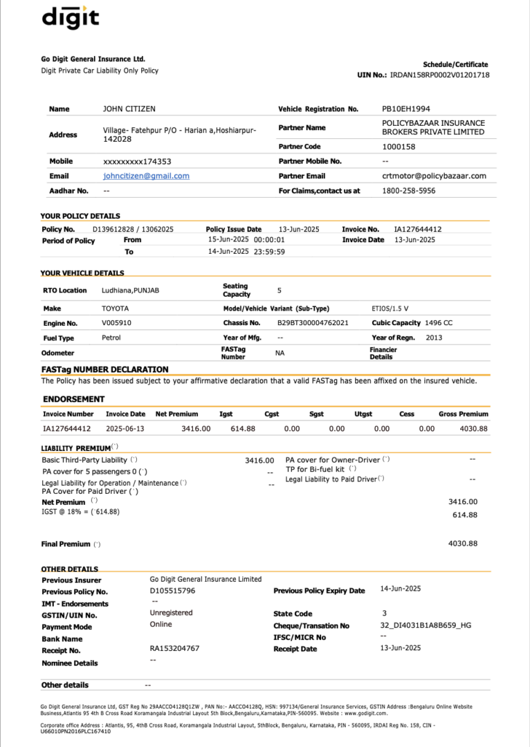 India Digit General Insurance private car liability certificate Word and PDF template
