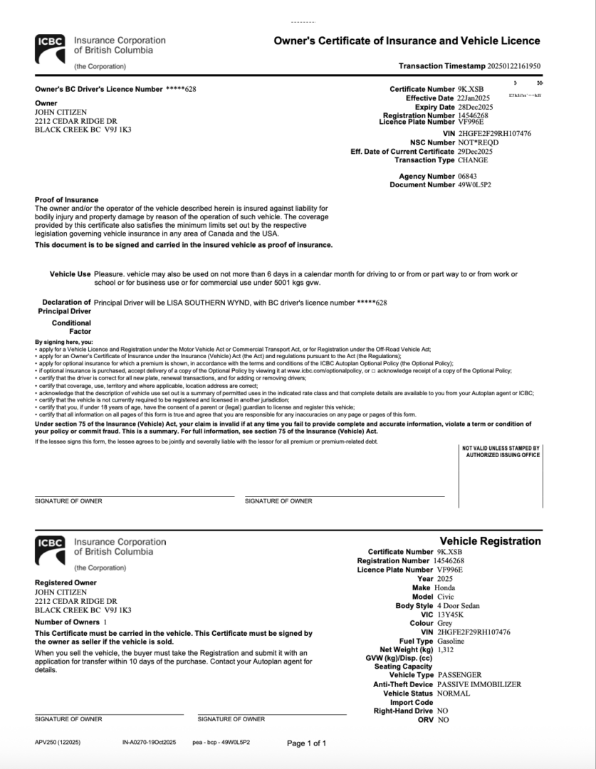 Insurance Corporation of British Columbia owner's certificate of insurance and vehicle licence Word and PDF template