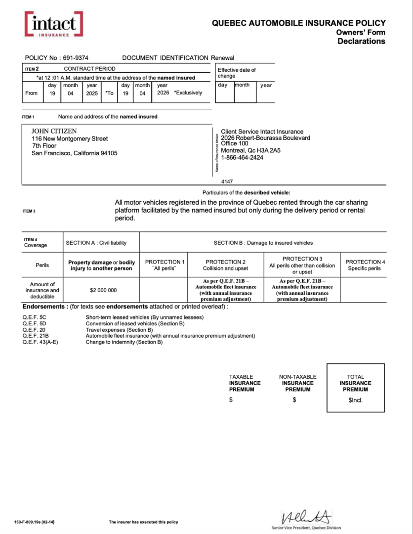 Intact Insurance Quebec automobile insurance policy Word and PDF template