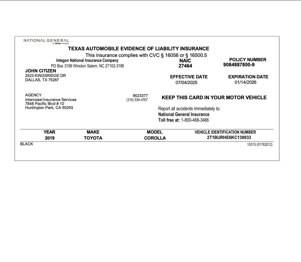 Intercoast Insurance Services Texas automobile evidence of liability insurance Word and PDF template