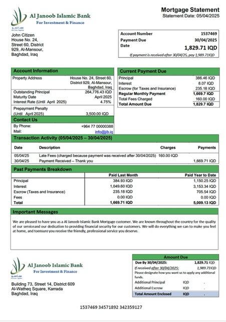 Iraq Al Janoob Islamic Bank mortgage statement Word and PDF template
