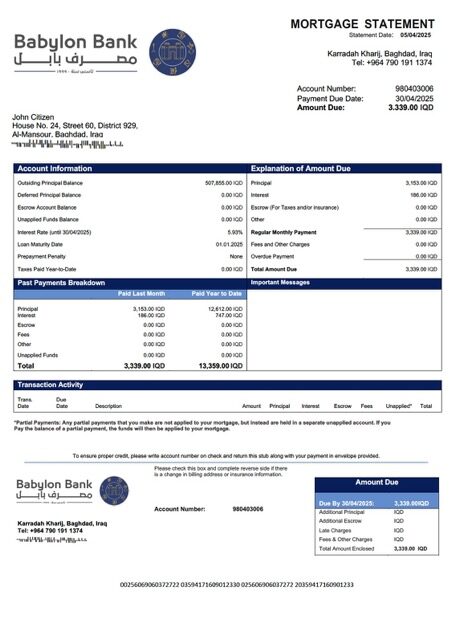 Iraq Babylon Bank mortgage statement Word and PDF template