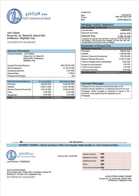 Iraq Gulf Commercial Bank mortgage statement Word and PDF template