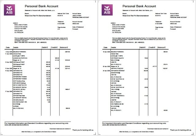 Ireland Allied Irish Banks (AIB) statement of account Word and PDF template, 2 pages