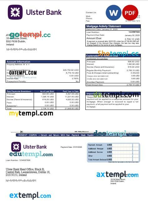 Ireland Ulster bank mortgage statement in Word and PDF formats