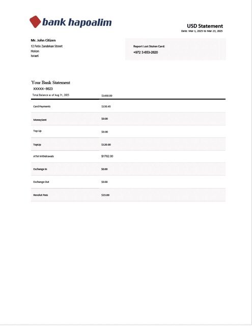 Israel Bank Hapoalim bank statement Word and PDF template