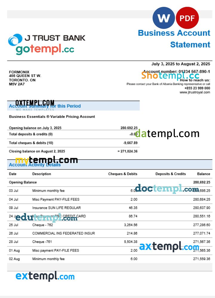 J Trust Royal business bank company statement Word and PDF format