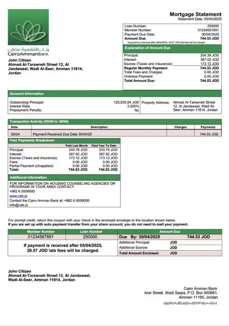 Jordan Cairo Amman Bank mortgage statement Word and PDF template
