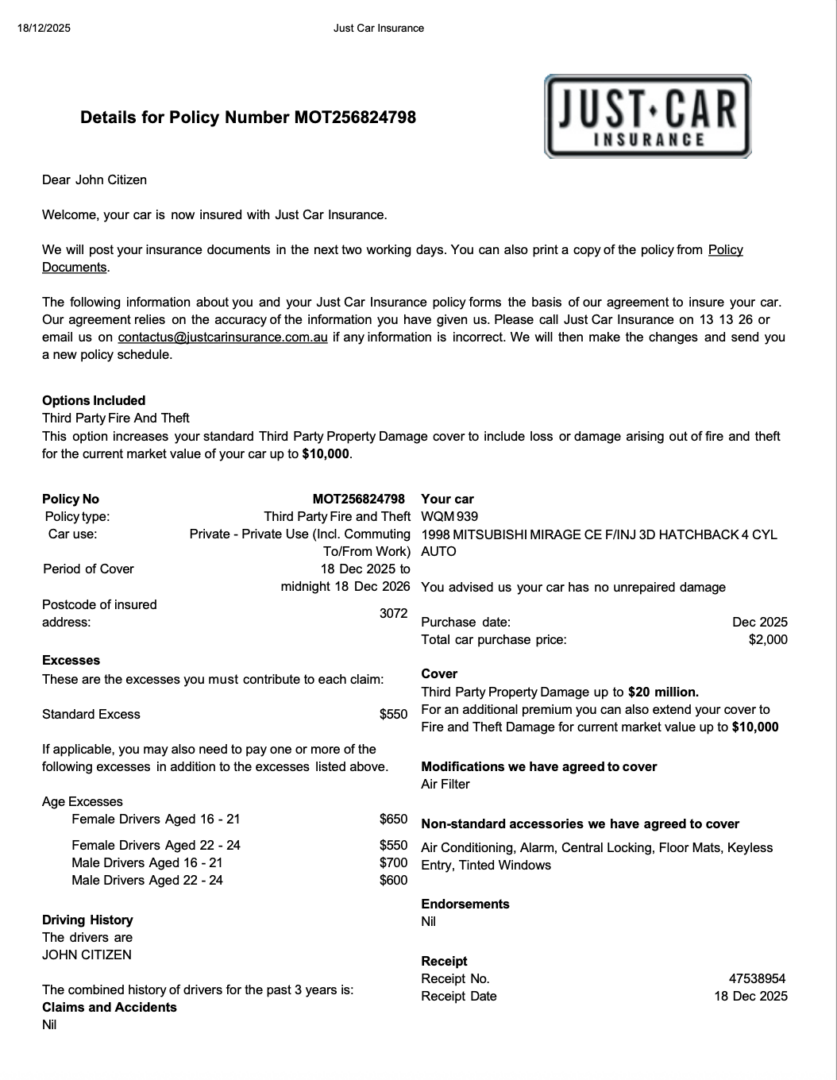 Just Car Insurance policy Word and PDF template