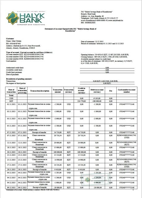 Kazakhstan Halyk Bank statement of account Word and PDF template