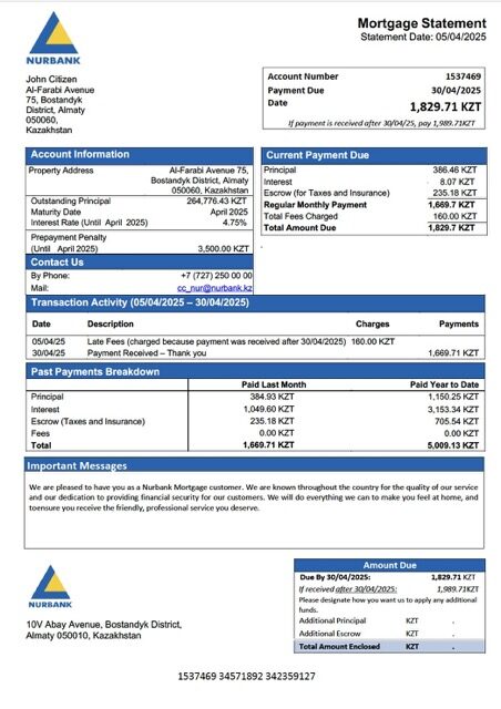 Kazakhstan Nurbank mortgage statement Word and PDF template
