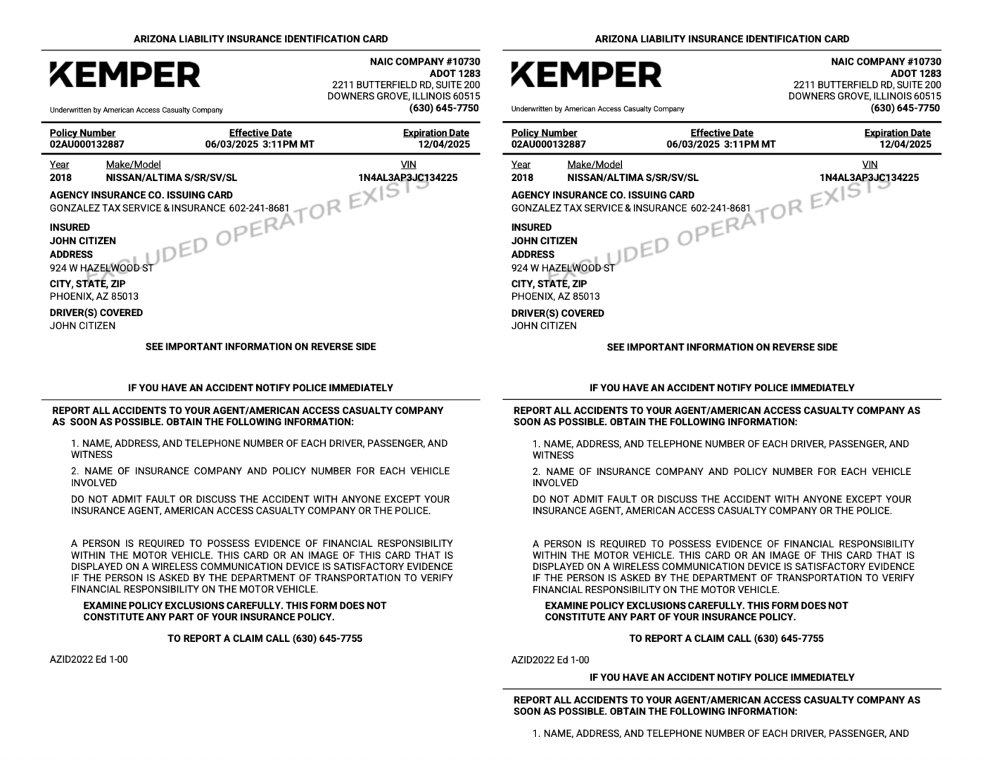 Kemper Auto Infinity Arizona Liability insurance identification card Word and PDF template