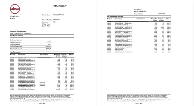 Kenya Absa bank statement Word and PDF template, 2 pages