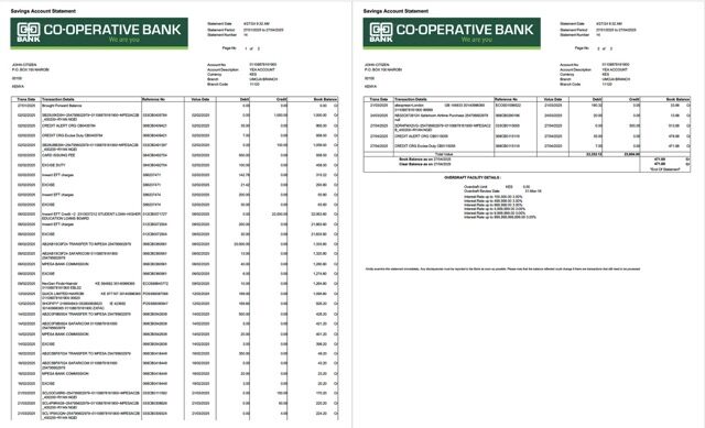Kenya Co-operative Bank account statement Word and PDF template, 2 pages