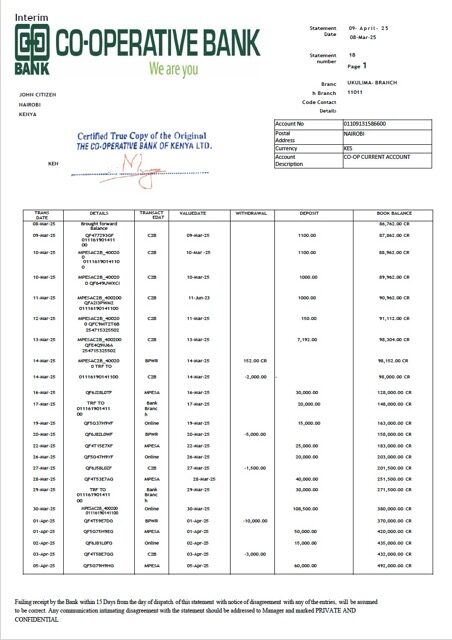 Kenya Co-operative Bank statement Word and PDF template