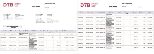 Kenya Diamond Trust Bank account statement Word and PDF template, 2 pages