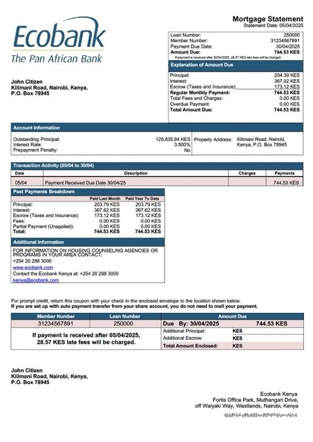 Kenya Ecobank Kenya mortgage statement Word and PDF template