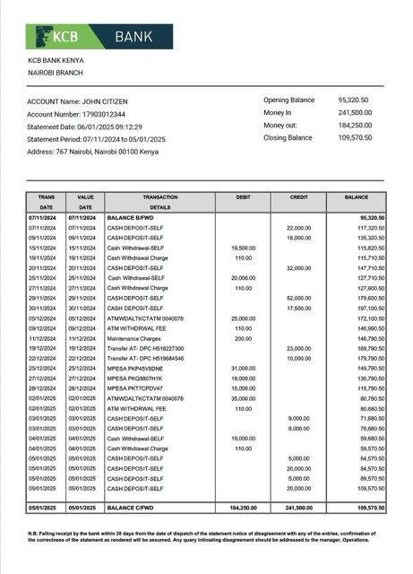 Kenya KCB Bank account statement Word and PDF template