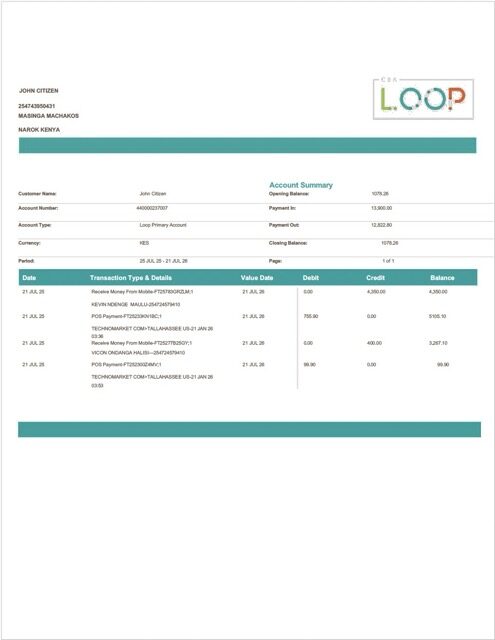 Kenya Loop Bank account statement Word and PDF template