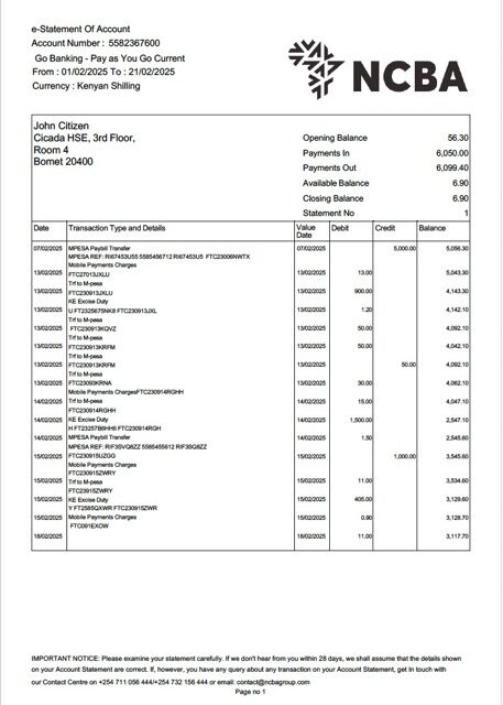 Kenya NCBA Bank e-statement of account Word and PDF template