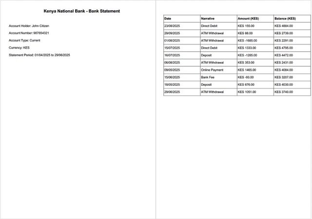 Kenya National Bank statement Word and PDF template, 2 pages