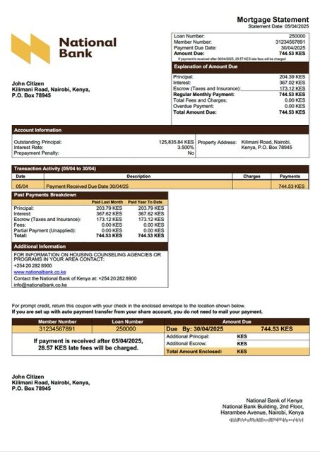 Kenya National Bank of Kenya mortgage statement Word and PDF template