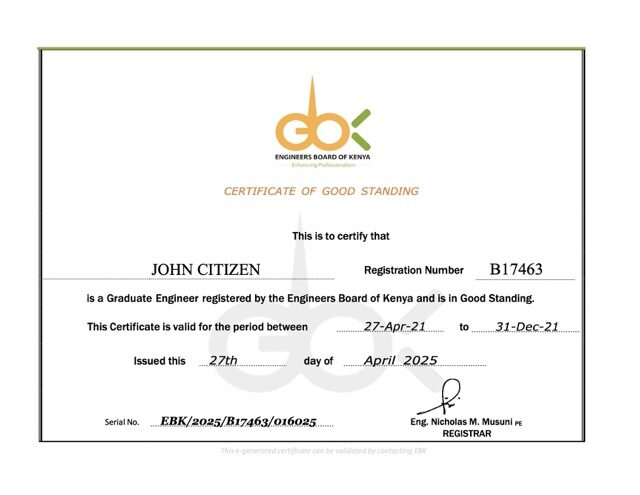 Kenya certificate of good standing Word and PDF template, version 2