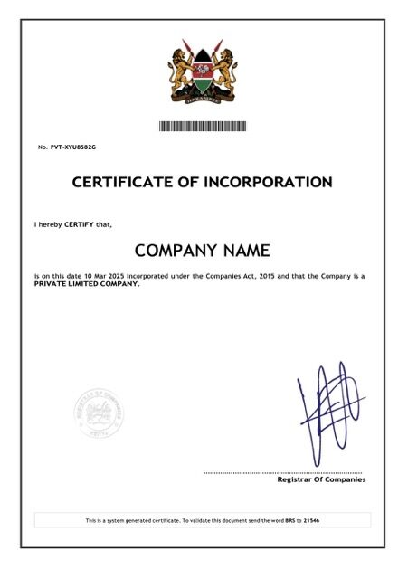 Kenya certificate of incorporation Word and PDF template