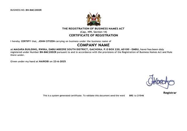Kenya certificate of registration Word and PDF template