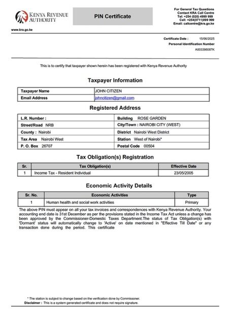 Kenya taxpayer certificate Word and PDF template