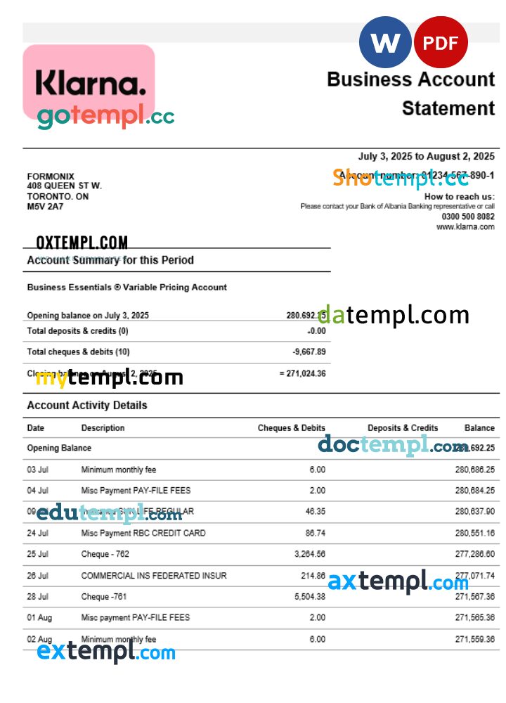 Klarna Bank firm account statement Word and PDF template