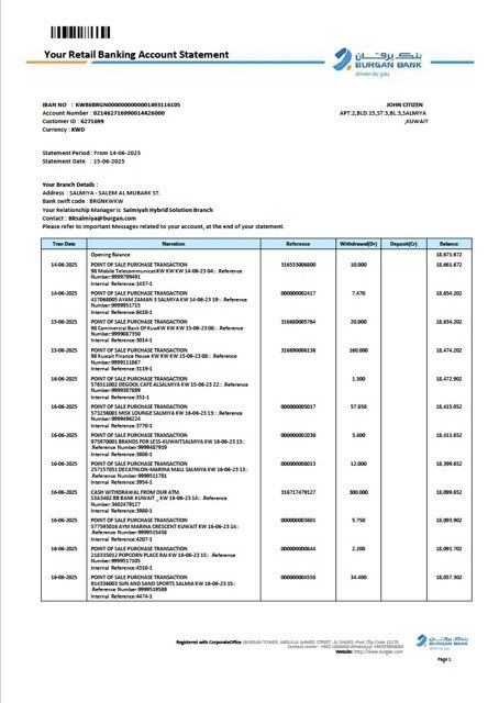 Kuwait Burgan Bank retail account statement Word and PDF template