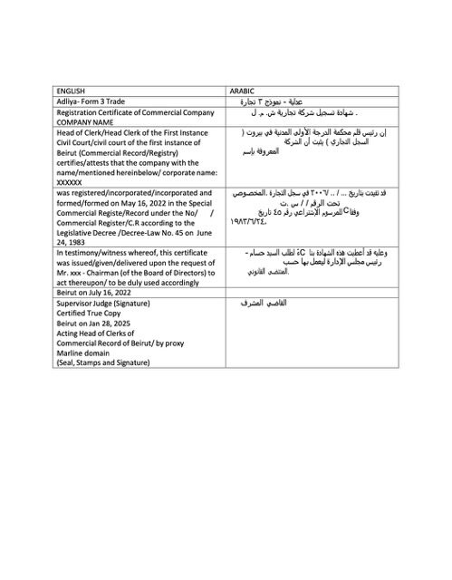 Lebanon registration certificate Word and PDF template