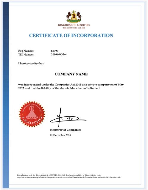 Lesotho certificate of incorporation Word and PDF template