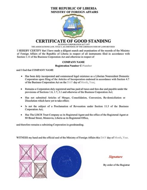 Liberia certificate of good standing Word and PDF template