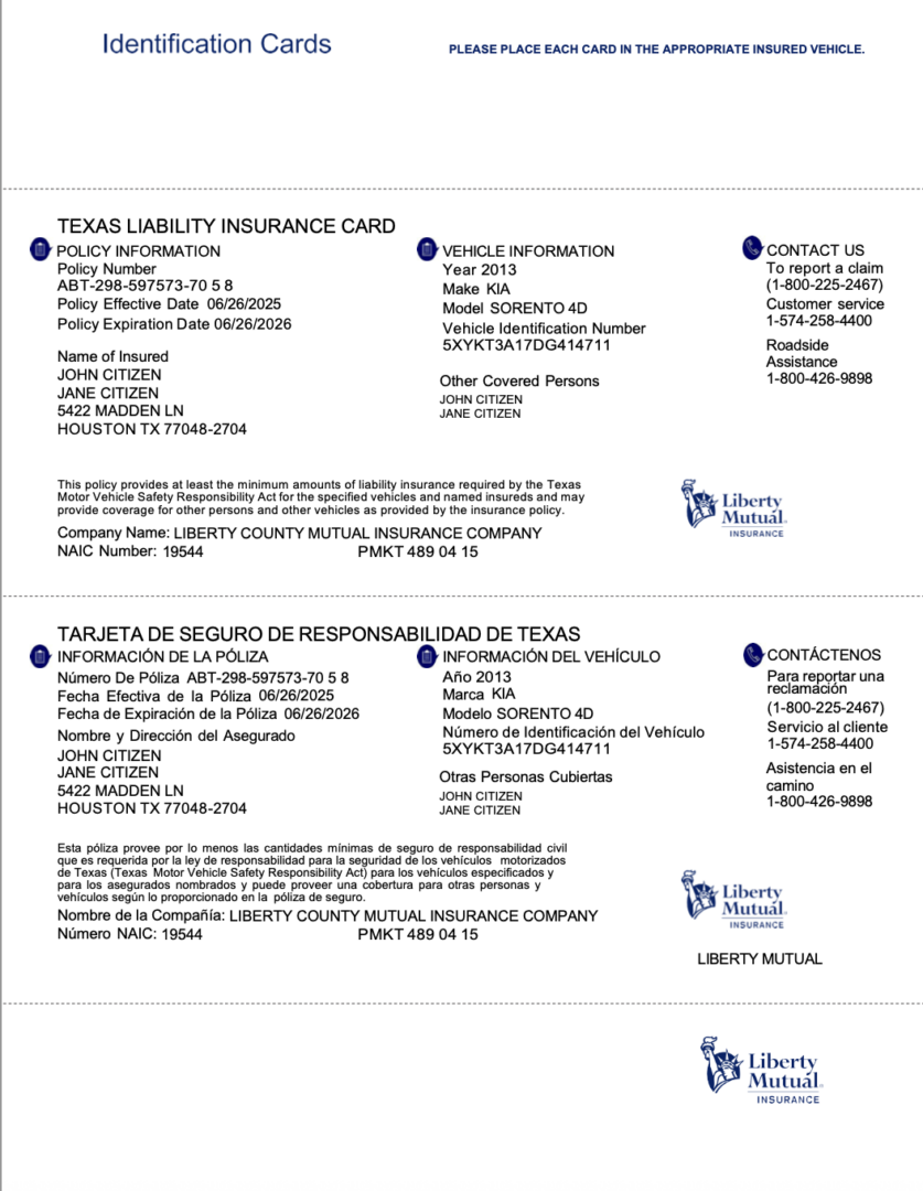 Liberty Mutual Insurance Texas liability insurance card Word and PDF template